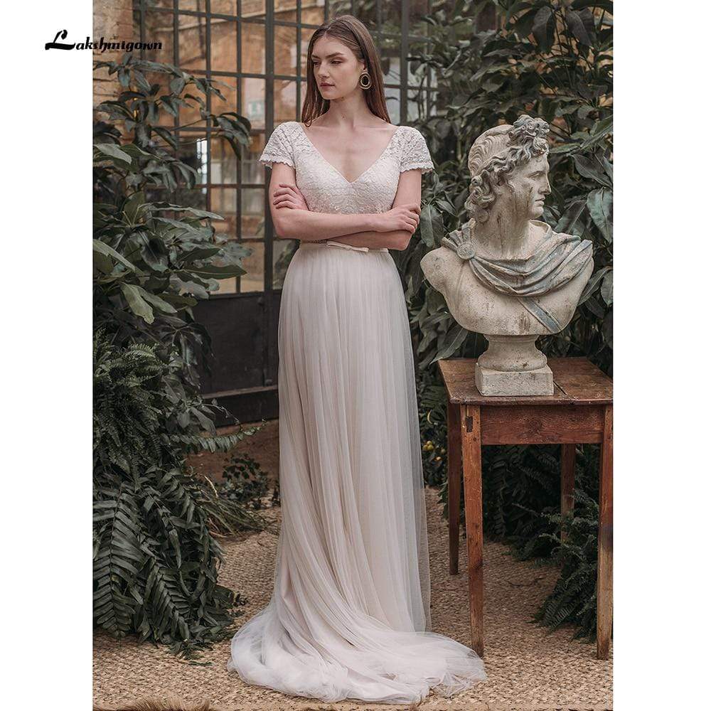 Sexy Backless Lace V Shape Back Short Sleeve Wedding Dresses - ROYCEBRIDAL OFFICIAL STORE