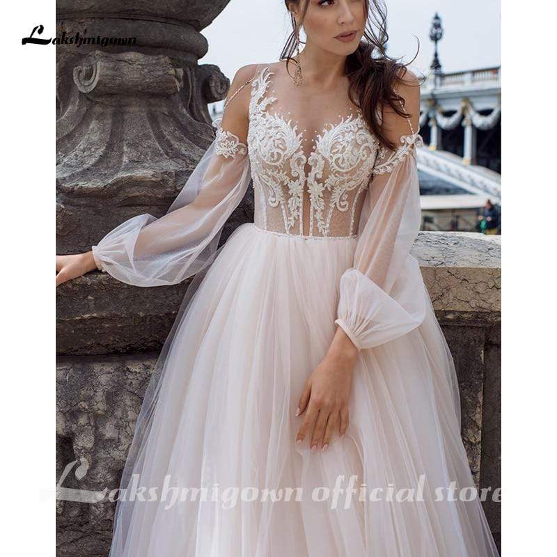 Sexy Boho Pink Wedding Dresses Long Sleeves Buttons Back