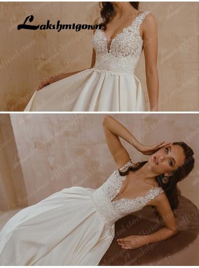 Sexy Boho V-Neck Satin Wedding Gown Ivory Lace