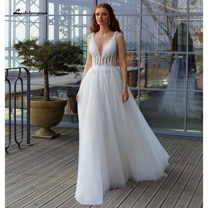 Sexy Deep V Neck Open Back fairy Tulle Wedding Dresses - ROYCEBRIDAL OFFICIAL STORE