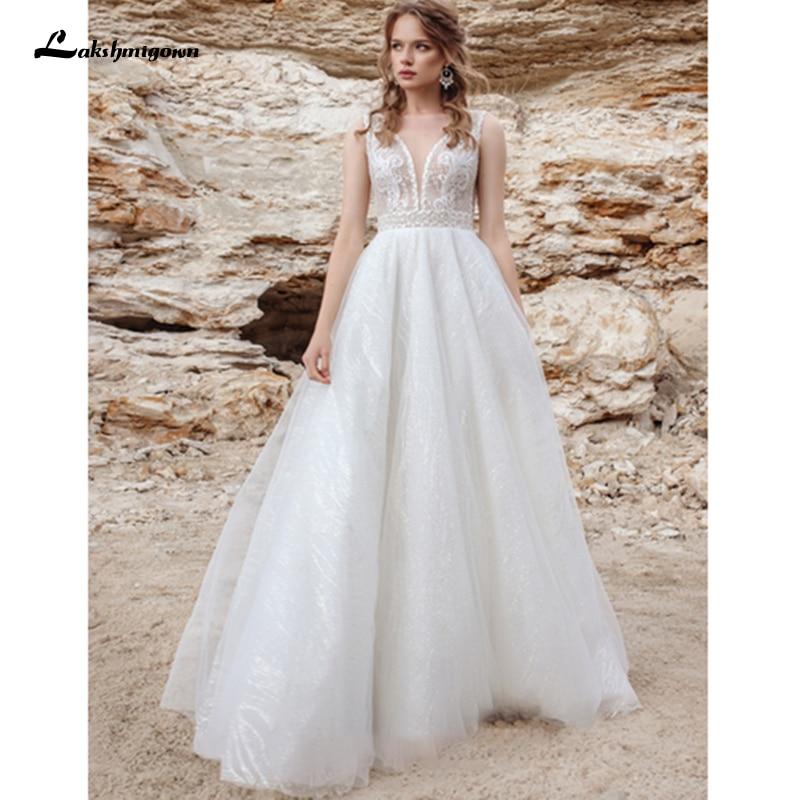 Sexy Glitter Sequin Wedding Dress Ivory White Lace Bridal