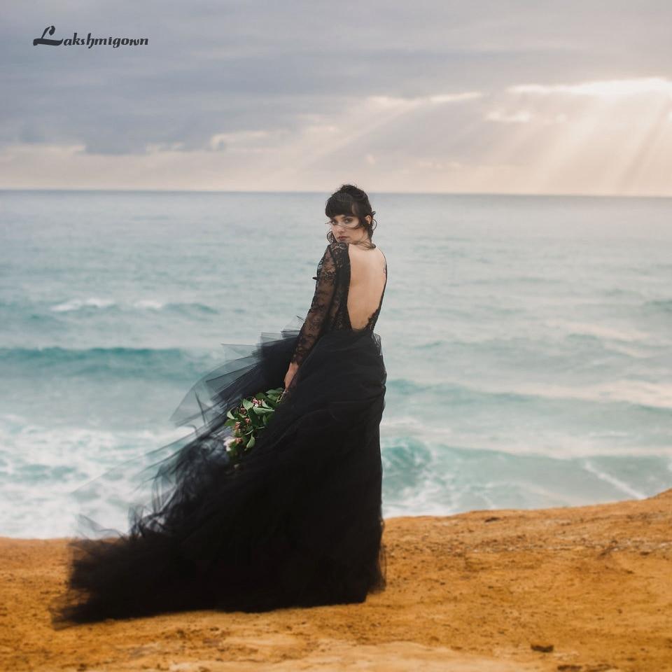 Sexy Gothic Black Beach Wedding Dress Long Sleeve