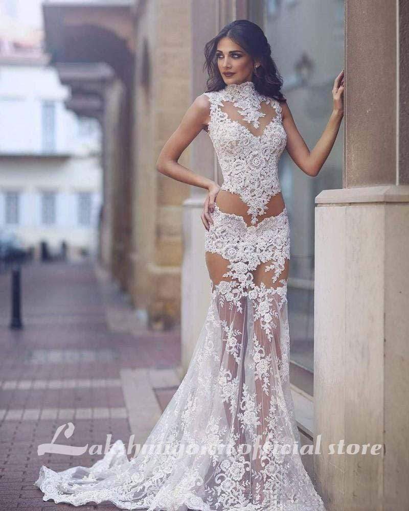 Sexy Transparent Wedding Dresses High Neck Mermaid Lace