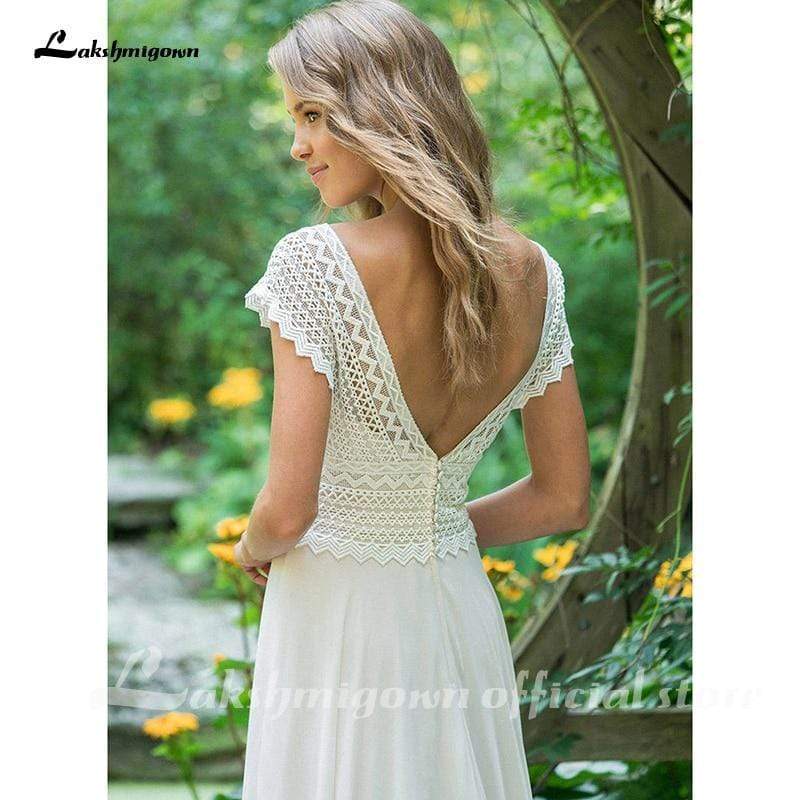 Sexy V Neck Chiffon Beach Wedding Dresses Lace Court Train - ROYCEBRIDAL OFFICIAL STORE