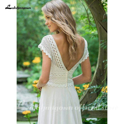 Sexy V Neck Chiffon Beach Wedding Dresses Lace Court Train - ROYCEBRIDAL OFFICIAL STORE