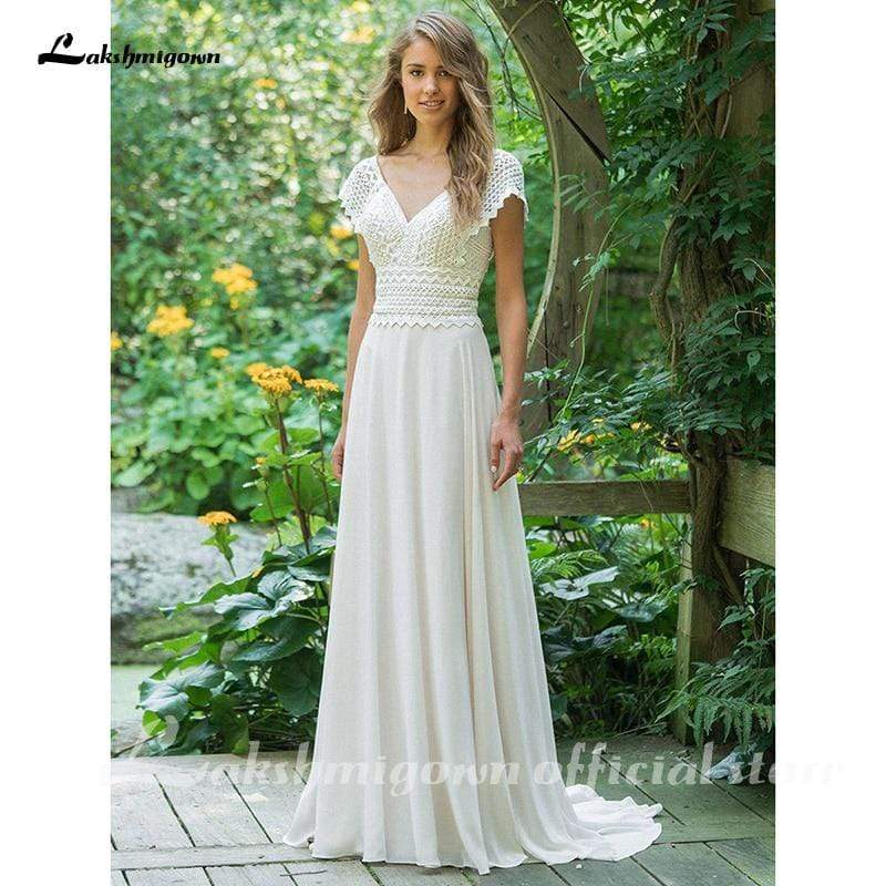 Sexy V Neck Chiffon Beach Wedding Dresses Lace Court Train - ROYCEBRIDAL OFFICIAL STORE