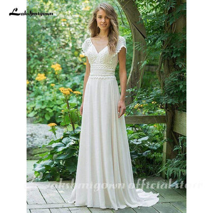 Sexy V Neck Chiffon Beach Wedding Dresses Lace Court Train - ROYCEBRIDAL OFFICIAL STORE