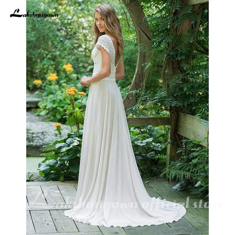 Sexy V Neck Chiffon Beach Wedding Dresses Lace Court Train - ROYCEBRIDAL OFFICIAL STORE