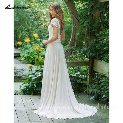 Sexy V Neck Chiffon Beach Wedding Dresses Lace Court Train - ROYCEBRIDAL OFFICIAL STORE