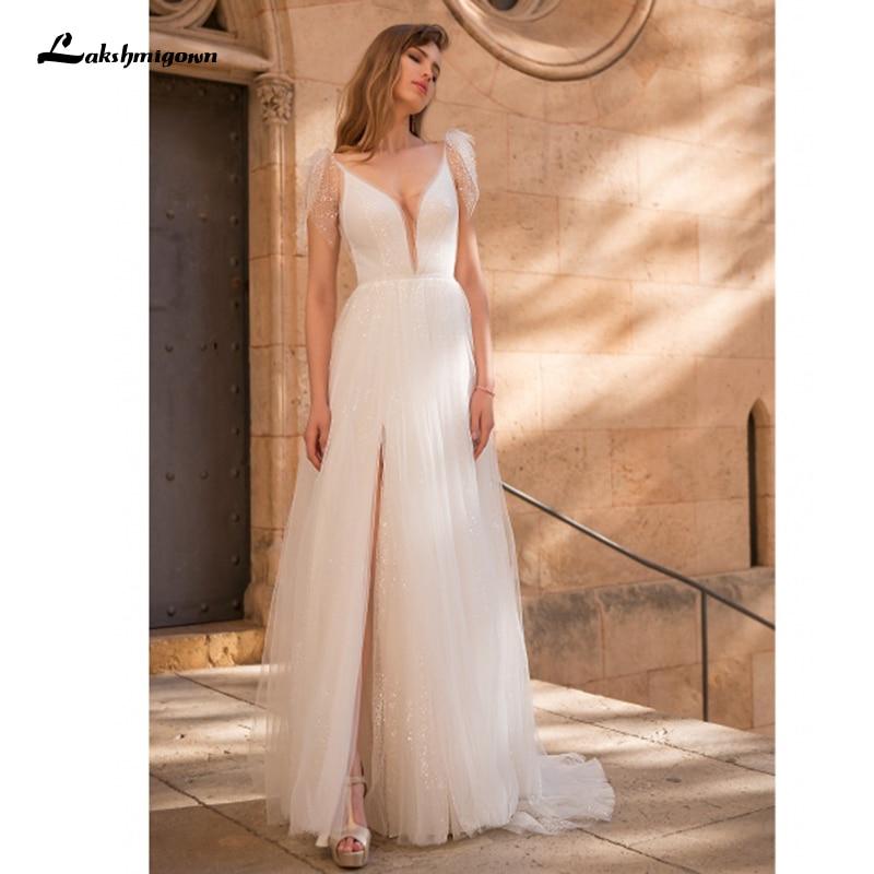 Sexy V Neck Lace Top Tulle Backless Boho Wedding Dresses