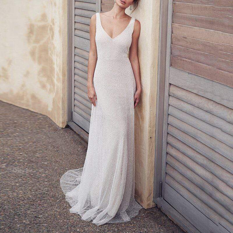 Sexy V Neck Pure Color Backless mermaid Wedding Dress
