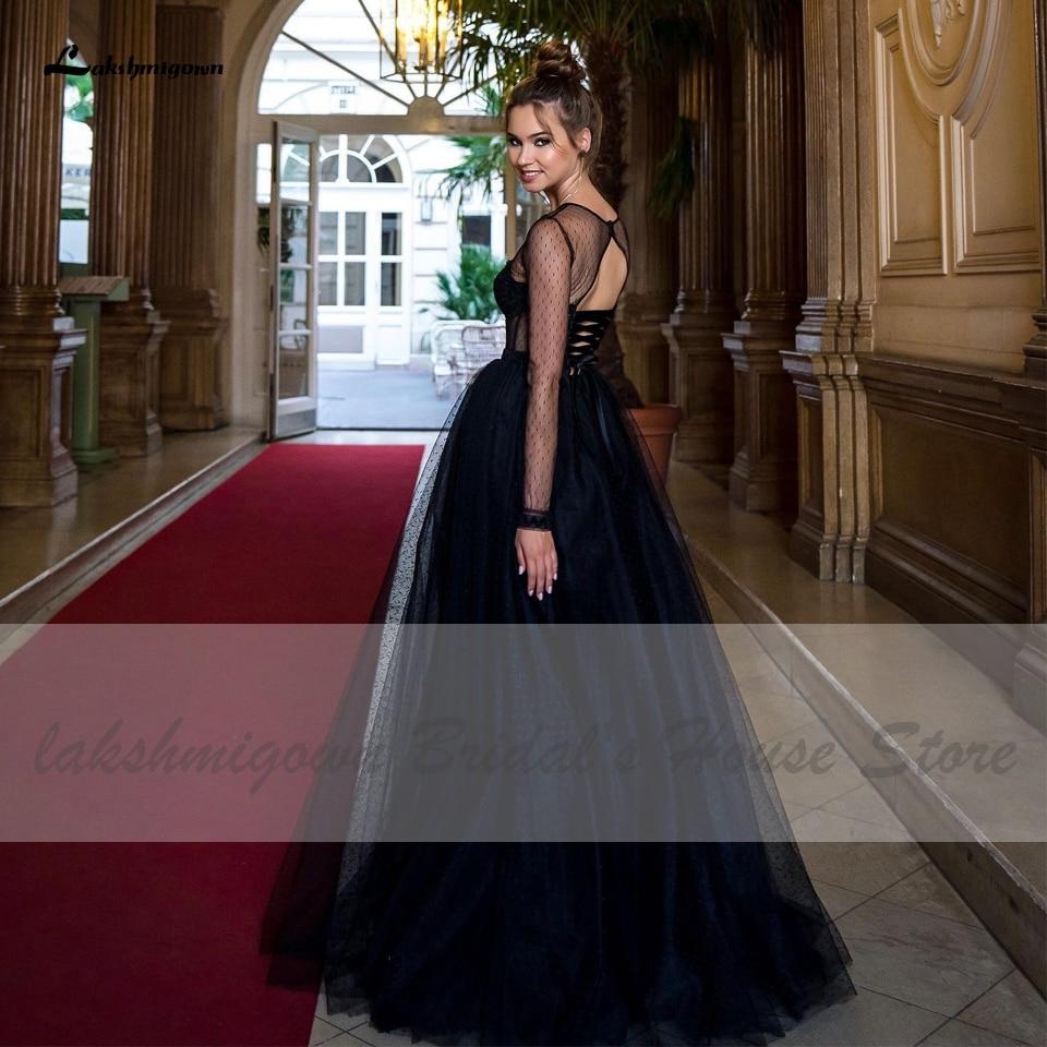Sheer Illusion Gothic Black Wedding Dress Long Bridal - ROYCEBRIDAL OFFICIAL STORE