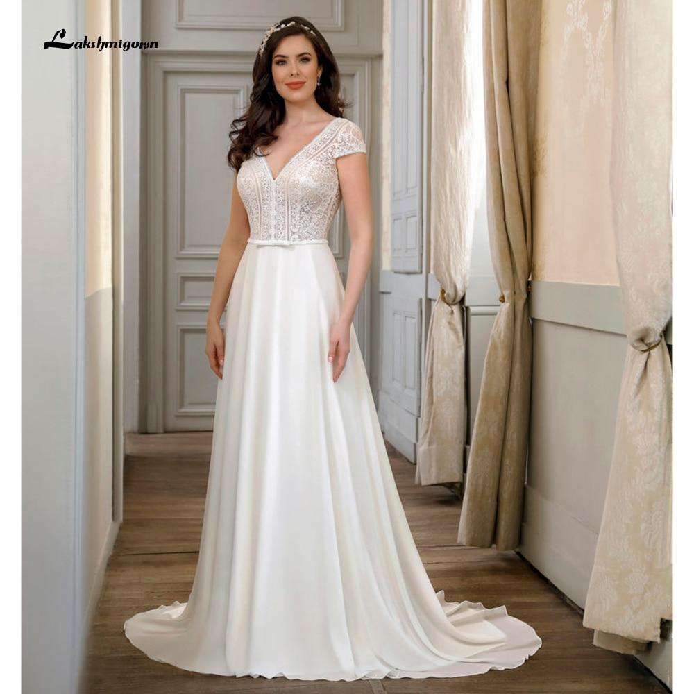 Short Sleeve Lace Backless V Neck Wedding Dresses - ROYCEBRIDAL OFFICIAL STORE