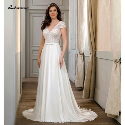 Short Sleeve Lace Backless V Neck Wedding Dresses - ROYCEBRIDAL OFFICIAL STORE