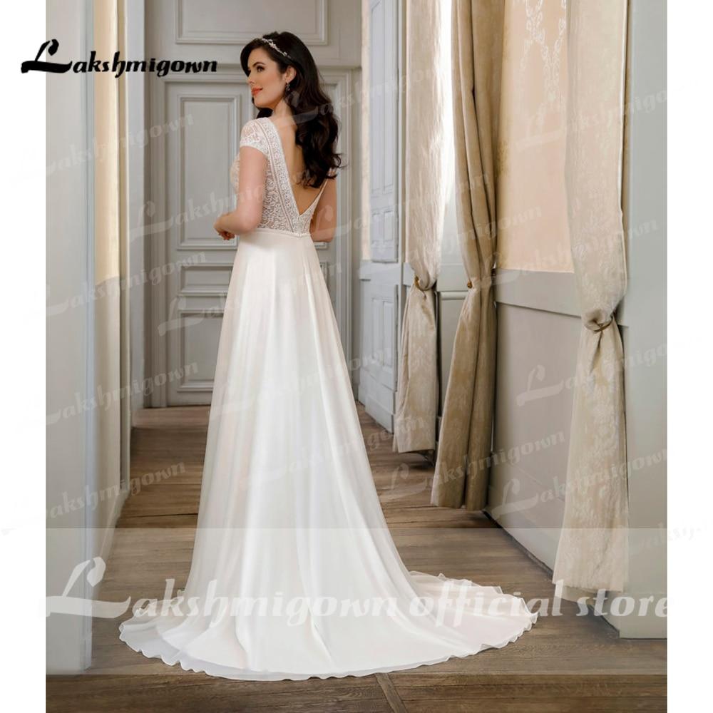 Short Sleeve Lace Backless V Neck Wedding Dresses - ROYCEBRIDAL OFFICIAL STORE