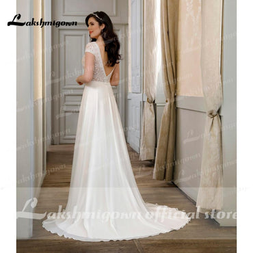 Short Sleeve Lace Backless V Neck Wedding Dresses - ROYCEBRIDAL OFFICIAL STORE