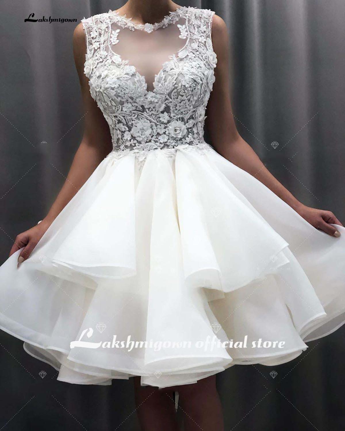 Short Wedding Dress 2021 Appliques Flowers Lace Top Bride Dresses Mini Wedding Bridal Gowns robe de mariage