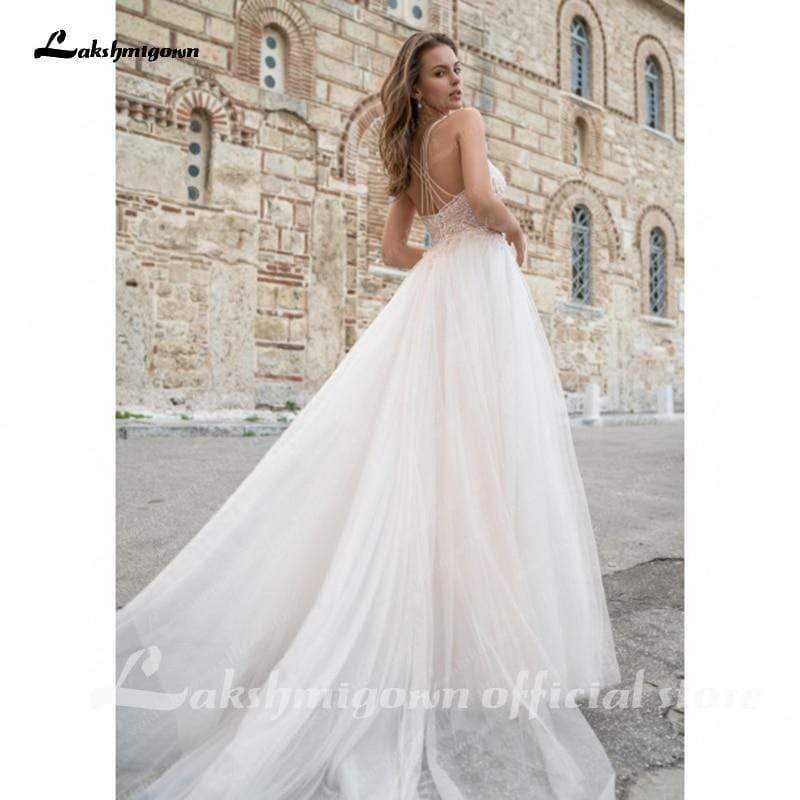 Simple A-Line V-Neck Lace Wedding Dress White sleeveless