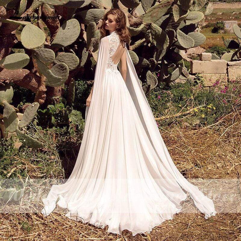 Simple Beach Boho Wedding Dresses with Cape Open Back Lace