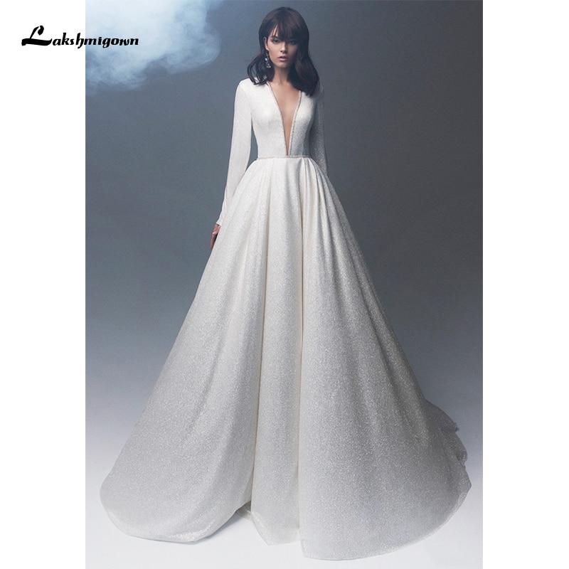 Simple Long Sleeve V Neck A-Line Wedding Dresses