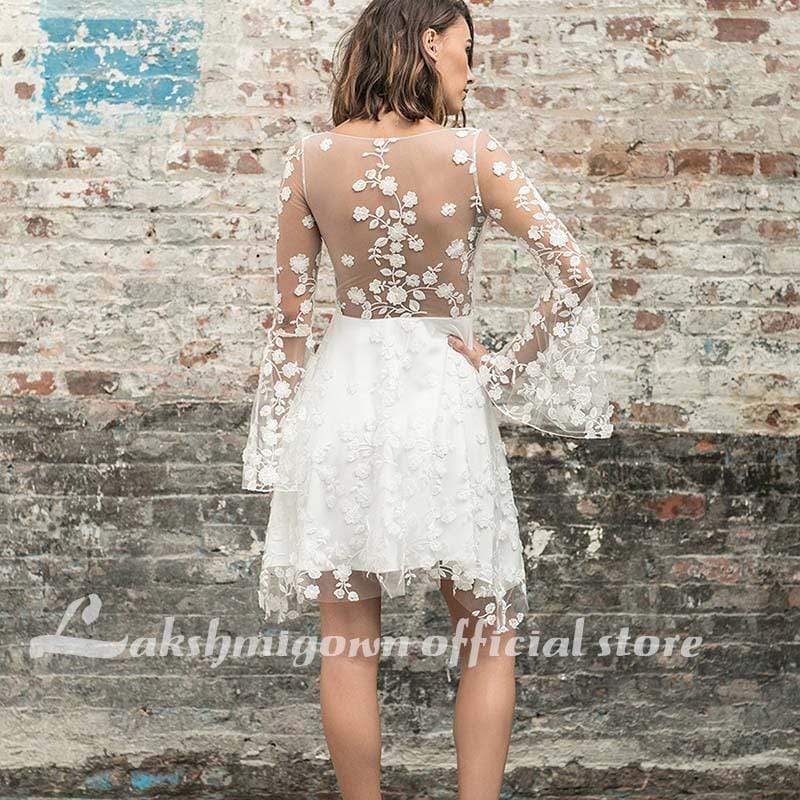 Simple New A-Line Lace Short Knee Length Sheer Wedding Dresses