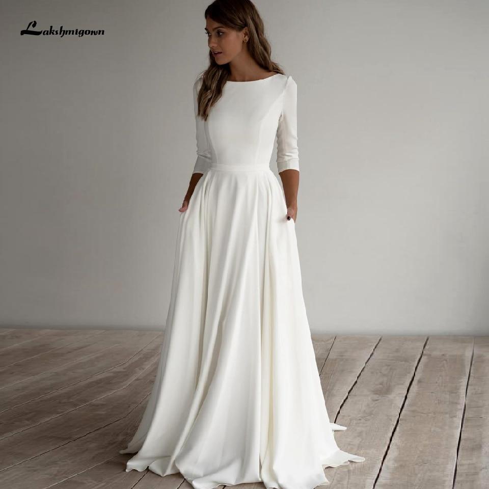 Simple Satin Wedding Dress A Line 3/4 sleeves Beach