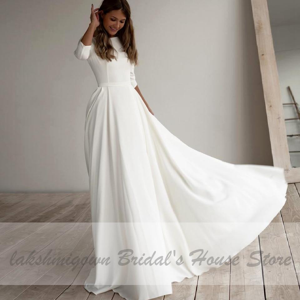 Simple Satin Wedding Dress A Line 3/4 sleeves Beach - ROYCEBRIDAL OFFICIAL STORE
