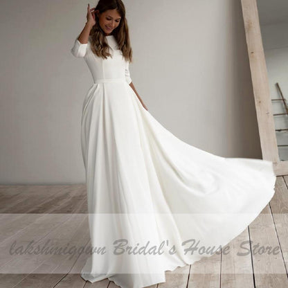 Simple Satin Wedding Dress A Line 3/4 sleeves Beach - ROYCEBRIDAL OFFICIAL STORE