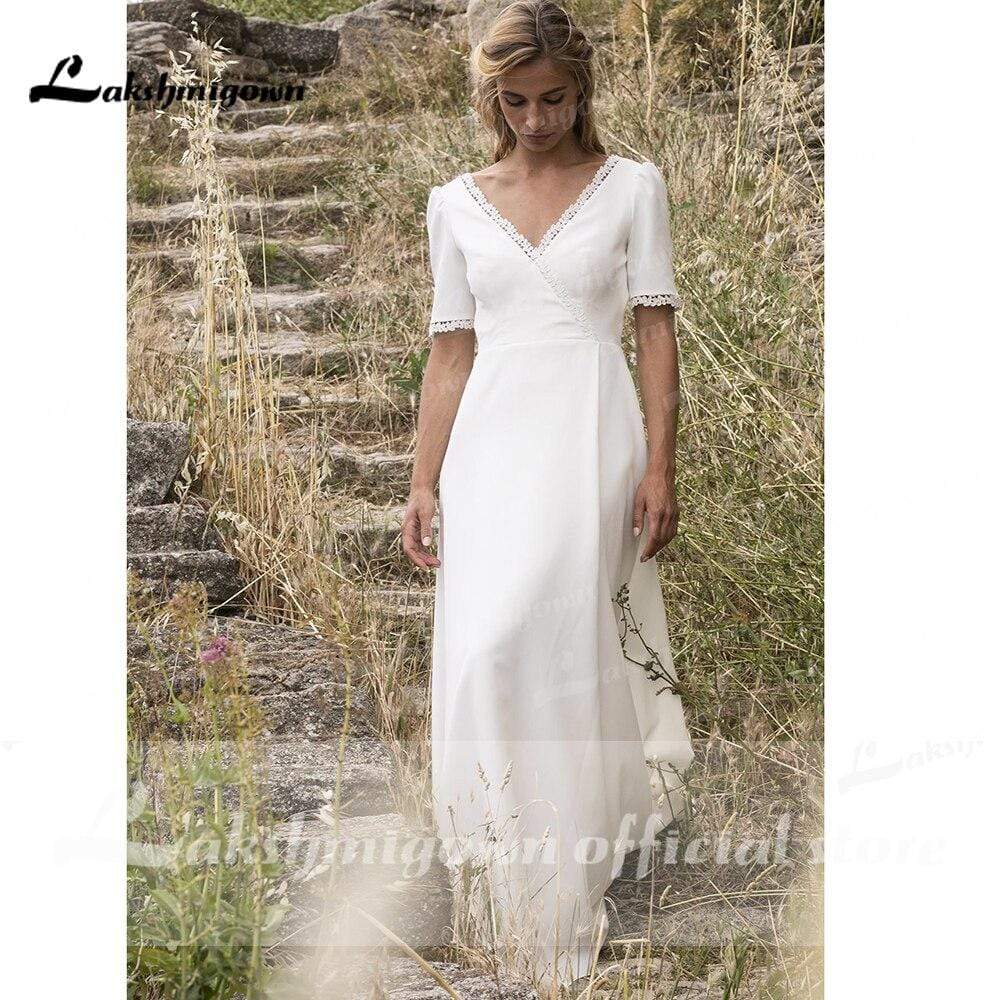 Simple Short Sleeve V Neck Beach Sweep Train Wedding Dresses