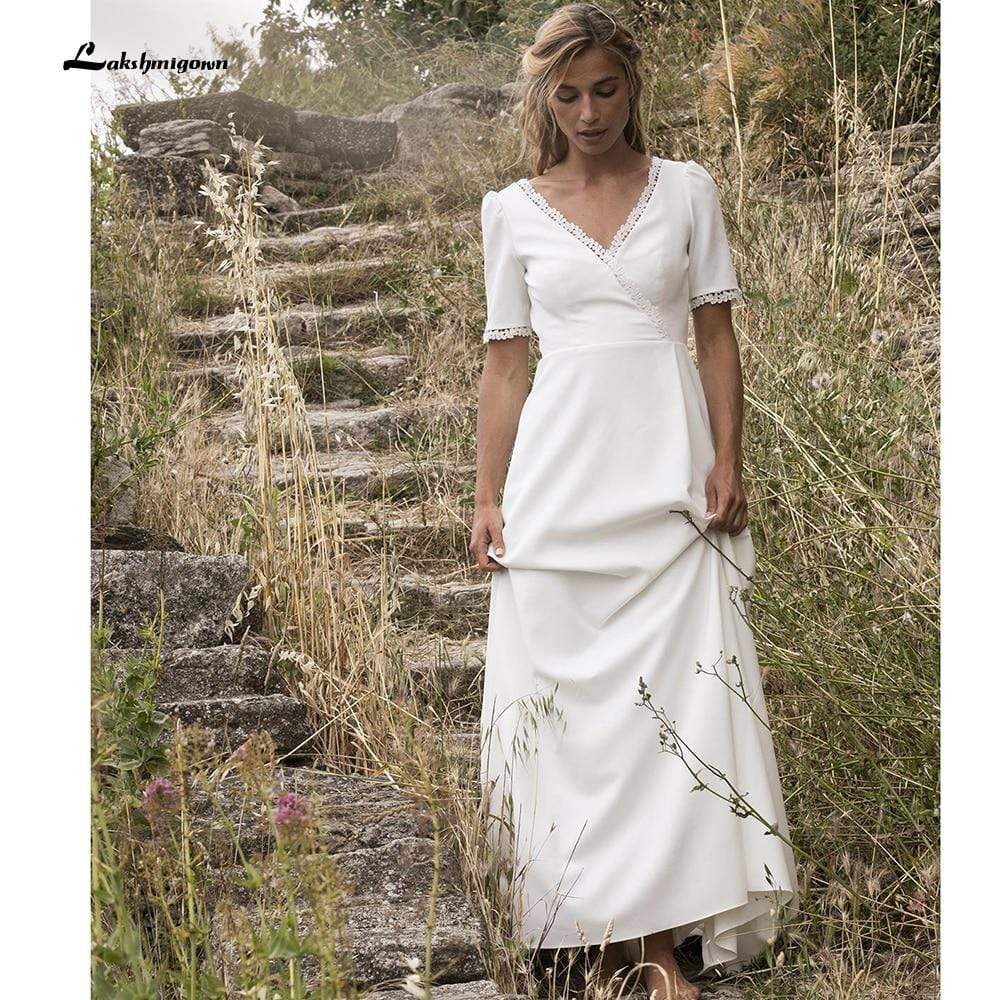 Simple Short Sleeve V Neck Beach Sweep Train Wedding Dresses
