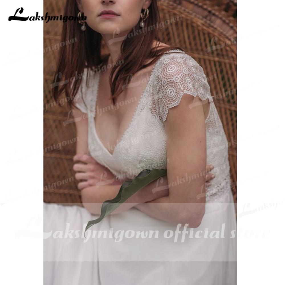 Simple Short Sleeve V Neck Lace Top Chifffon Backless Wedding Dresses