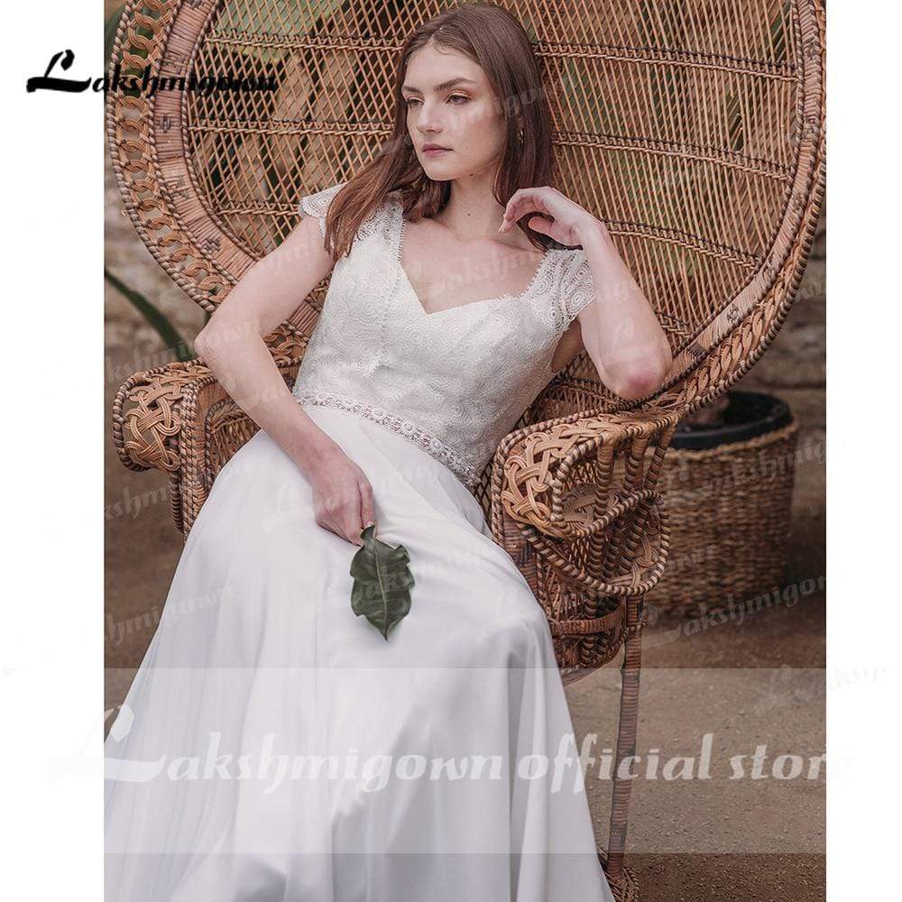 Simple Short Sleeve V Neck Lace Top Chifffon Backless Wedding Dresses - ROYCEBRIDAL OFFICIAL STORE