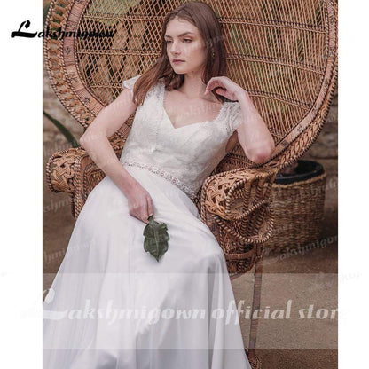 Simple Short Sleeve V Neck Lace Top Chifffon Backless Wedding Dresses - ROYCEBRIDAL OFFICIAL STORE