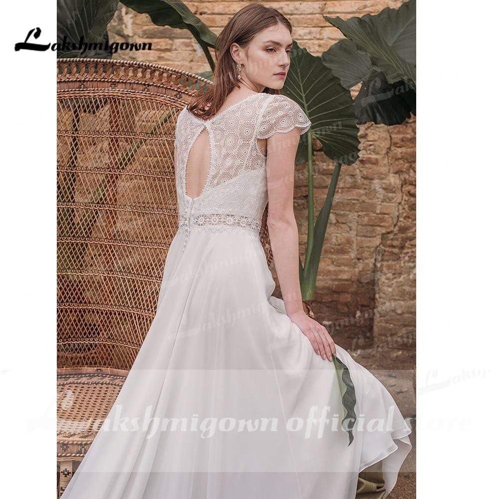 Simple Short Sleeve V Neck Lace Top Chifffon Backless Wedding Dresses