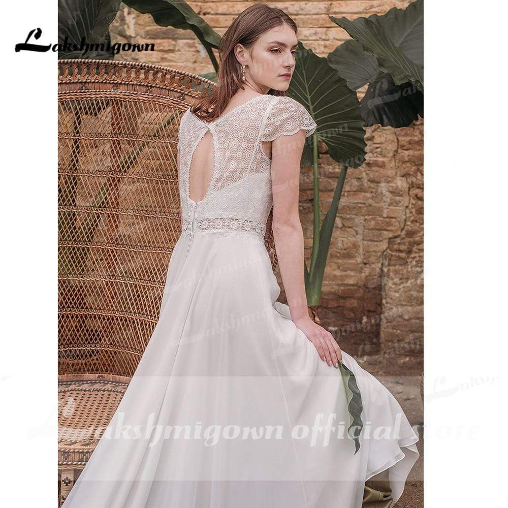 Simple Short Sleeve V Neck Lace Top Chifffon Backless Wedding Dresses - ROYCEBRIDAL OFFICIAL STORE