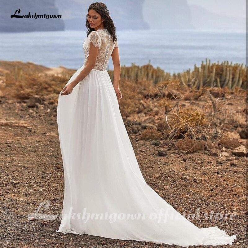 Simple Wedding Dress Soft Lace Chiffon A-Line Short Sleeve