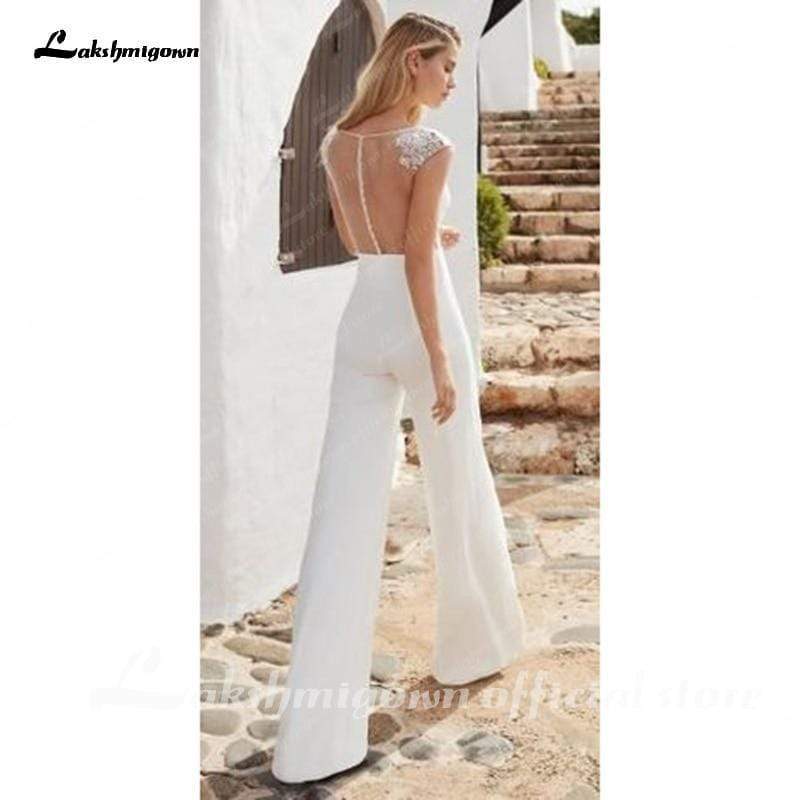 Simple Wedding Jumpsuit Simple Beach Lace Short Sleeve