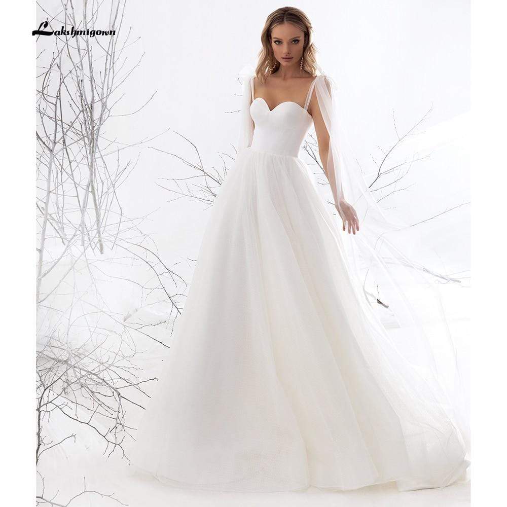 Sweetheart Tulle Bow Spaghetti Straps Wedding Dresses - ROYCEBRIDAL OFFICIAL STORE