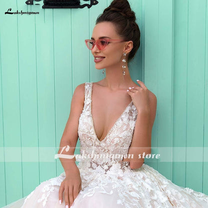 V-Neck A Line Lace Wedding Dresses Applique Beading - ROYCEBRIDAL OFFICIAL STORE