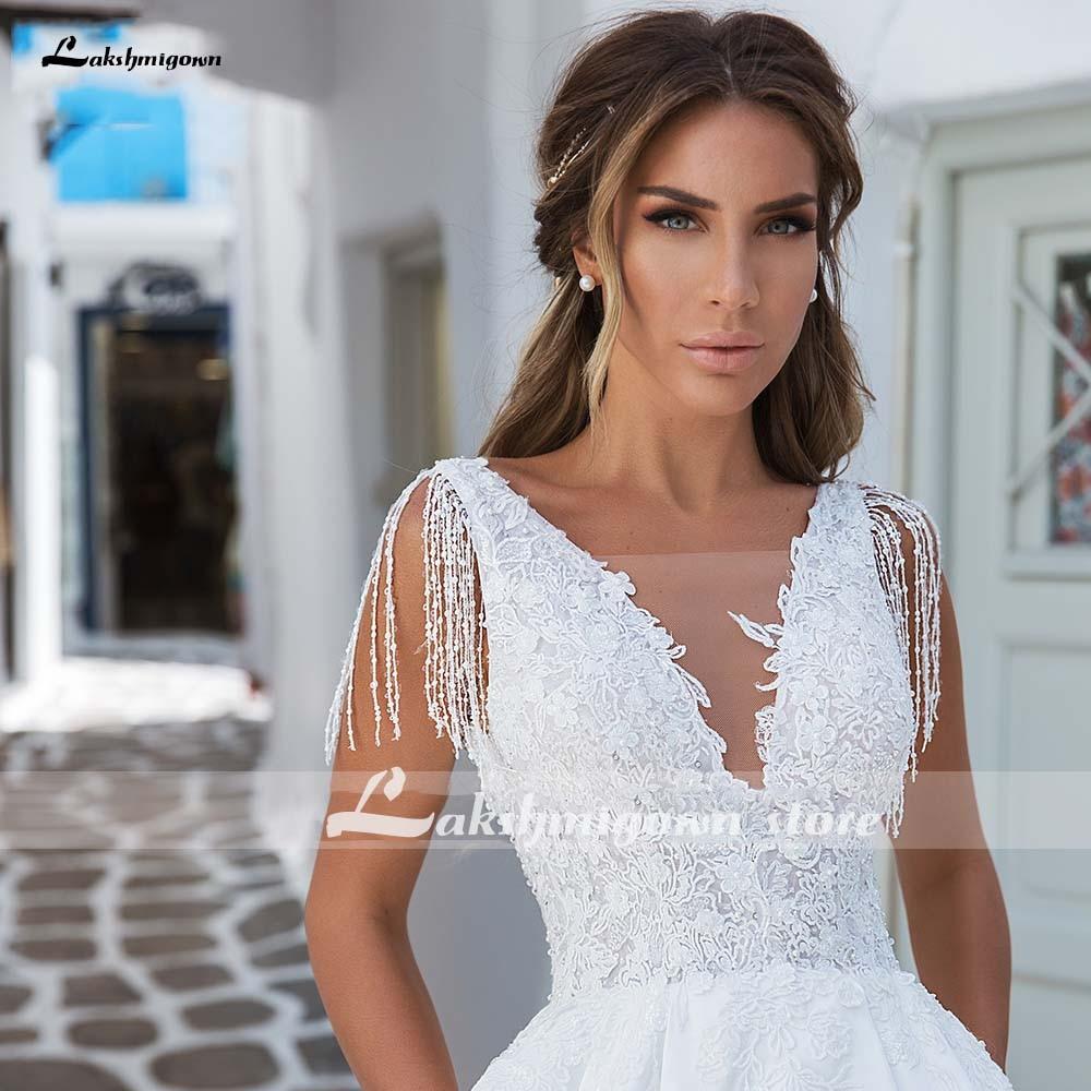 V-Neck A Line Satin Wedding Dresses Elegant Appliques - ROYCEBRIDAL OFFICIAL STORE