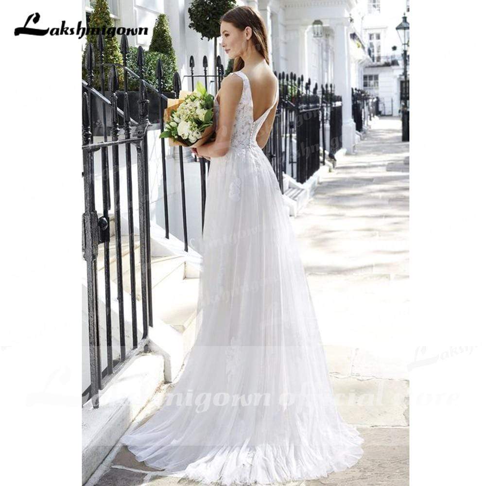V Neck Lace Backless Boho Wedding Dresses - ROYCEBRIDAL OFFICIAL STORE