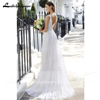 V Neck Lace Backless Boho Wedding Dresses - ROYCEBRIDAL OFFICIAL STORE