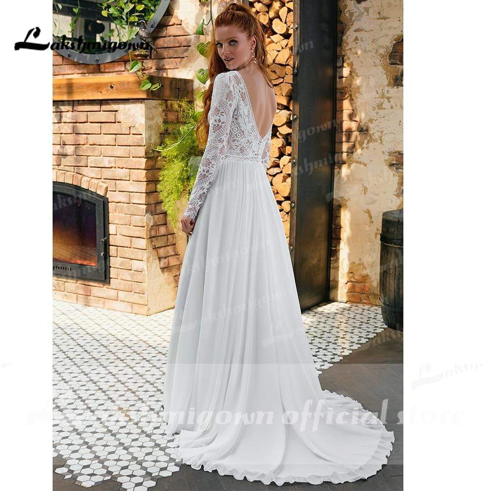 V Neck Lace Long Sleeve Backless Chiffon Wedding Dresses - ROYCEBRIDAL OFFICIAL STORE