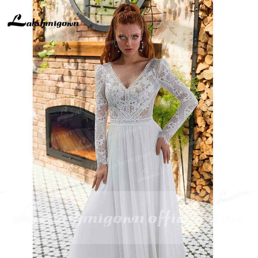 V Neck Lace Long Sleeve Backless Chiffon Wedding Dresses - ROYCEBRIDAL OFFICIAL STORE