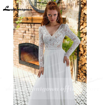 V Neck Lace Long Sleeve Backless Chiffon Wedding Dresses - ROYCEBRIDAL OFFICIAL STORE