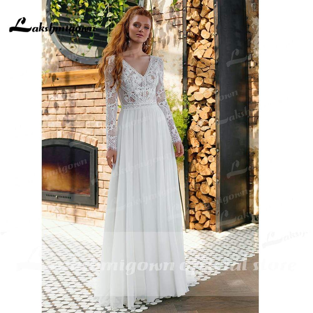 V Neck Lace Long Sleeve Backless Chiffon Wedding Dresses - ROYCEBRIDAL OFFICIAL STORE