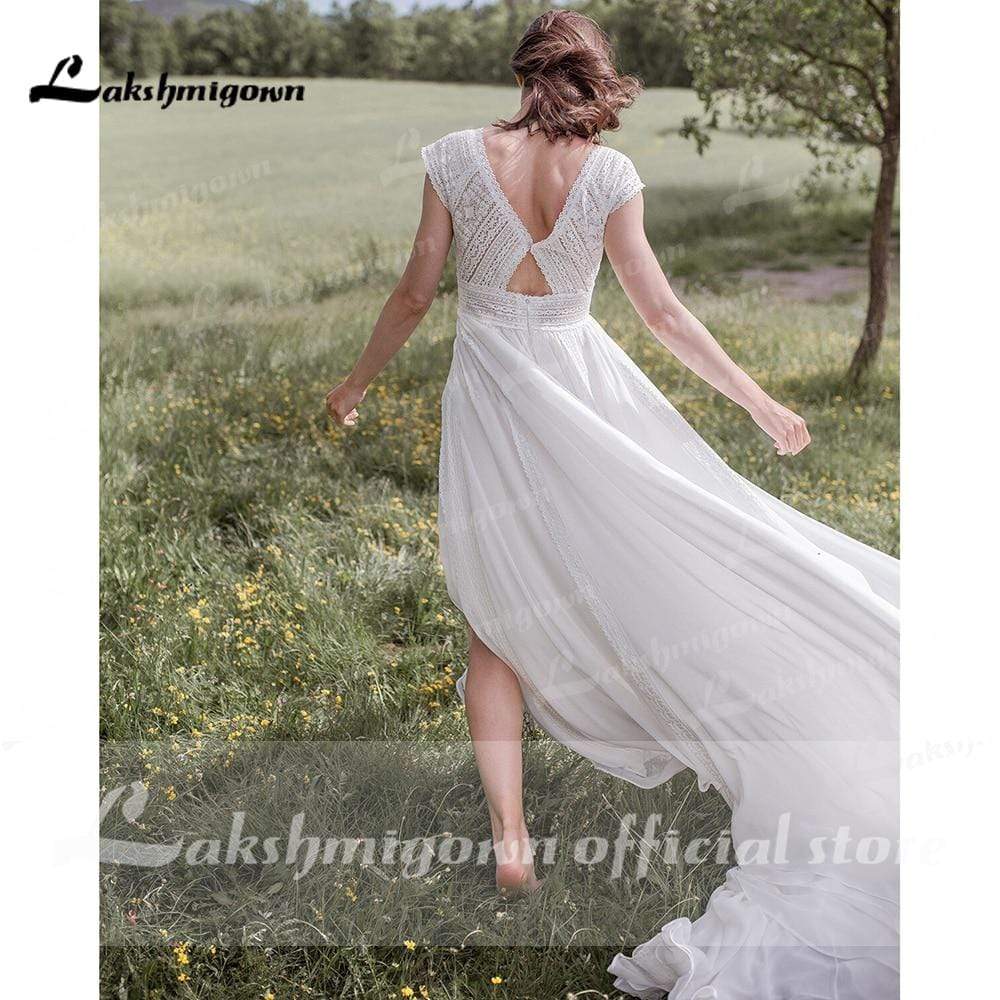 V Neck Short Sleeve Backless Lace Chiffon Wedding Dresses - ROYCEBRIDAL OFFICIAL STORE