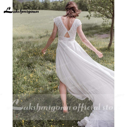 V Neck Short Sleeve Backless Lace Chiffon Wedding Dresses - ROYCEBRIDAL OFFICIAL STORE
