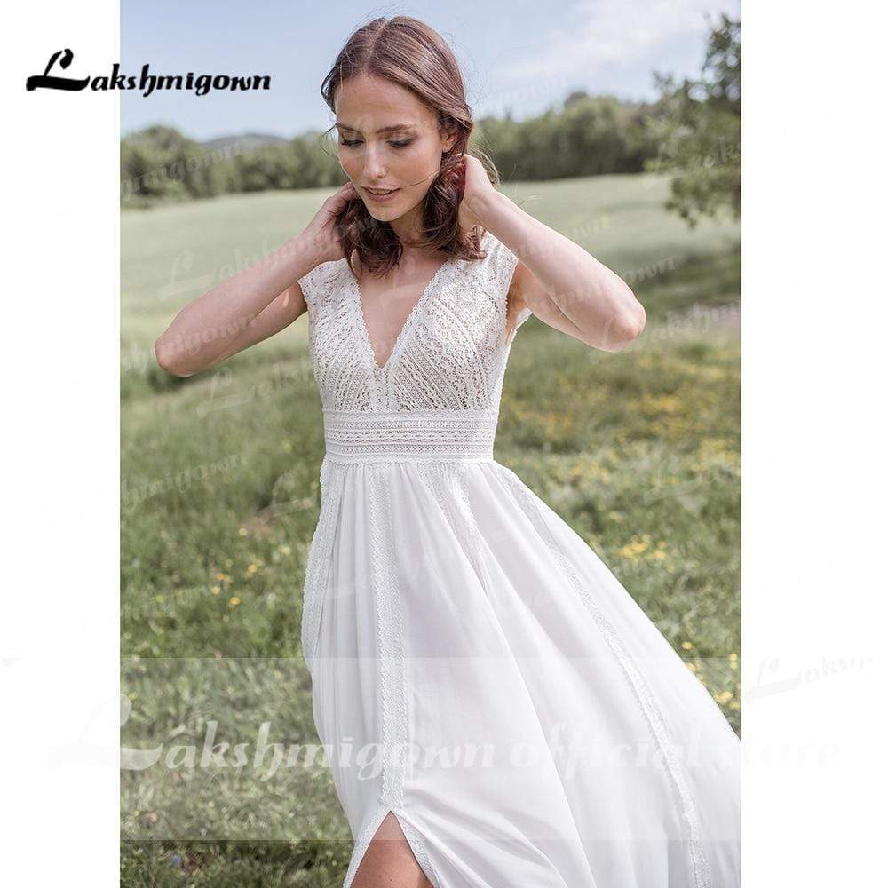 V Neck Short Sleeve Backless Lace Chiffon Wedding Dresses