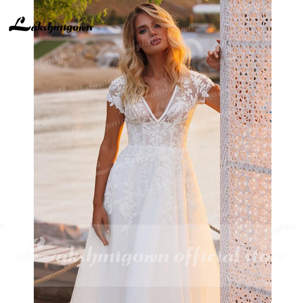 V Neck Short Sleeve Lace Appliques Open Back Wedding Dresses - ROYCEBRIDAL OFFICIAL STORE